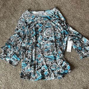 Southern Lady XL Blue and Black Paisley Blouse ruffled sleeve Brand New